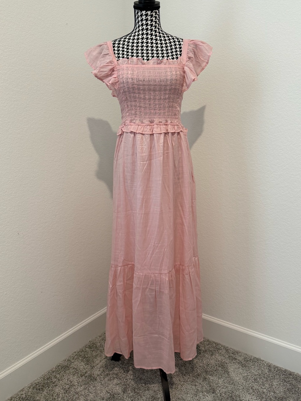 Moon River Blush Pink Smocked Maxi Dress with Ruffle Sleeves
